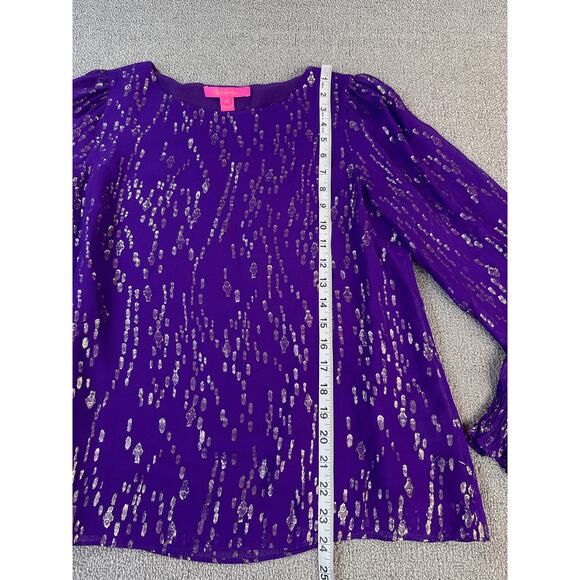 Lilly Pulitzer Idina Blouse Top Long Sleeve Silk Blend Purple Gold Medium - Picture 7 of 8